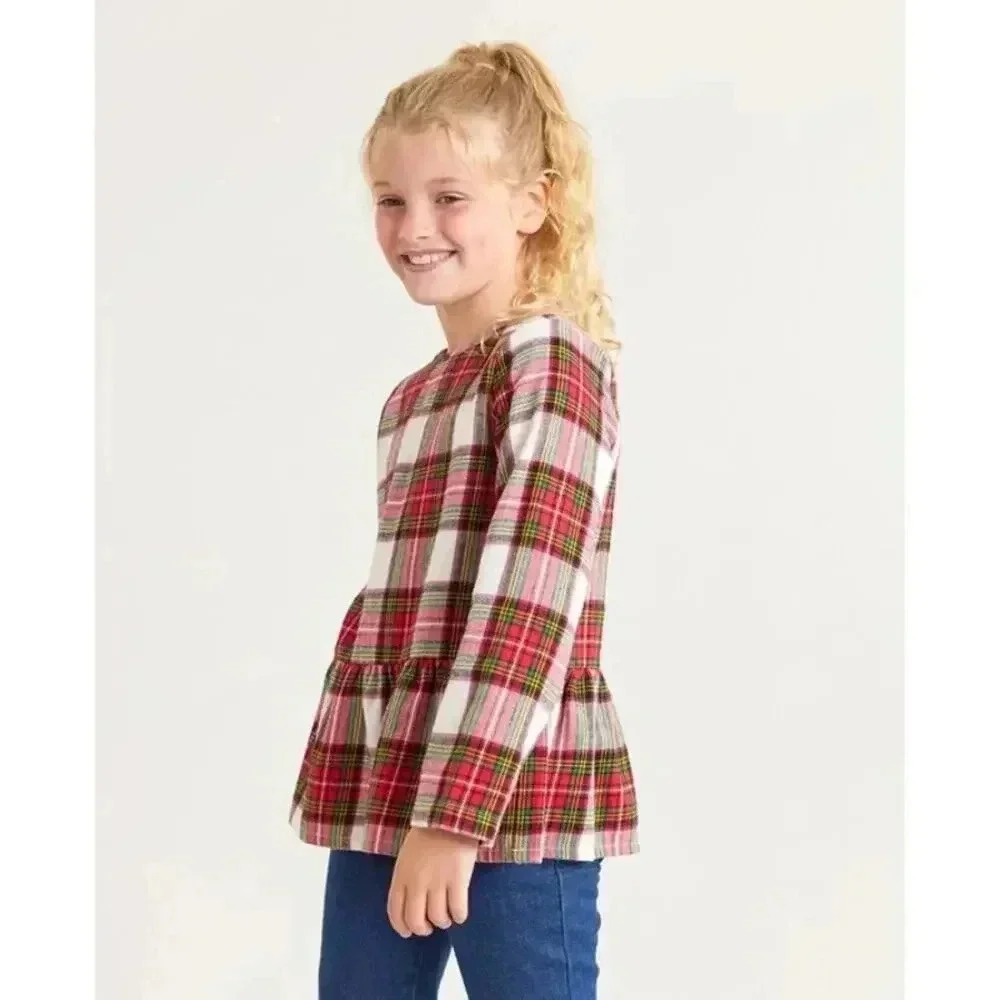 Hanna Andersson‎ Plaid Flannel Peplum Holiday Girls Top Size 6-7